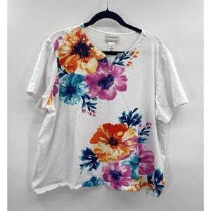 Alfred Dunner Womens 2x Tee Calypso Vibrant Floral Print White Cotton Breathable